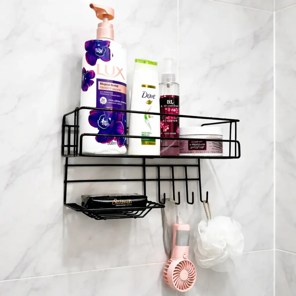 Bathroom Storage Shelf with Hooks and Soap Dish